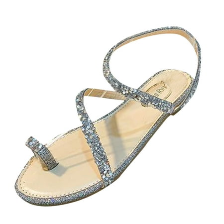 

CBGELRT Rhinestone Sandals Women Summer Outwear Flip-Flops Beach Sandals French Fashion Wrapped Flat Bottom Strap Roman Shoes Silver Size 37