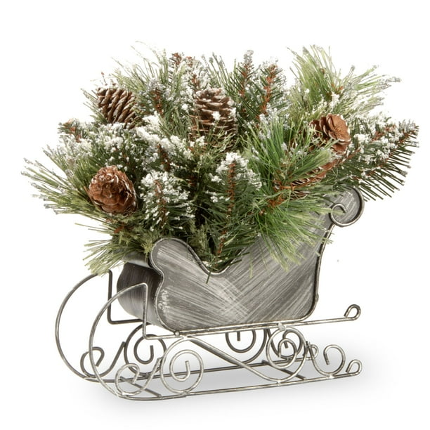 10" Silver and Green Pine Sleigh Unlit Tabletop Christmas Decor