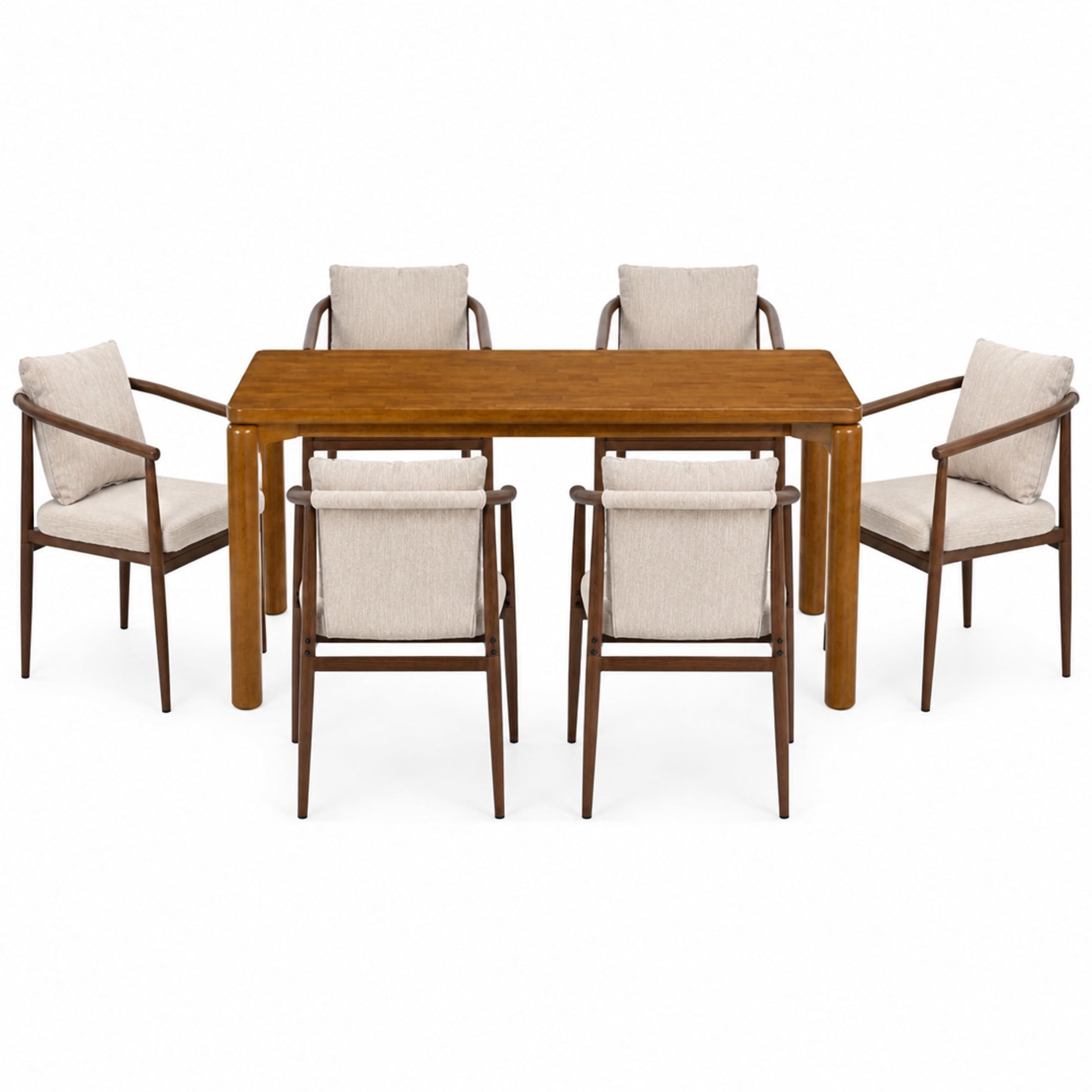 Christopher Knight Home 7-Piece Contemporary Dining Set, 70" Table with Iron Chairs and Cushion, Walnut+Beige