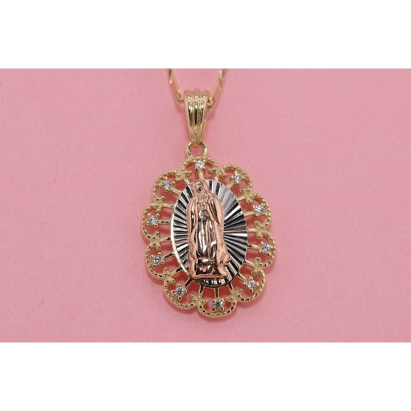 14k Solid Gold Virgin Mary Virgin Maria Lady Guadalupe Heart Pendant