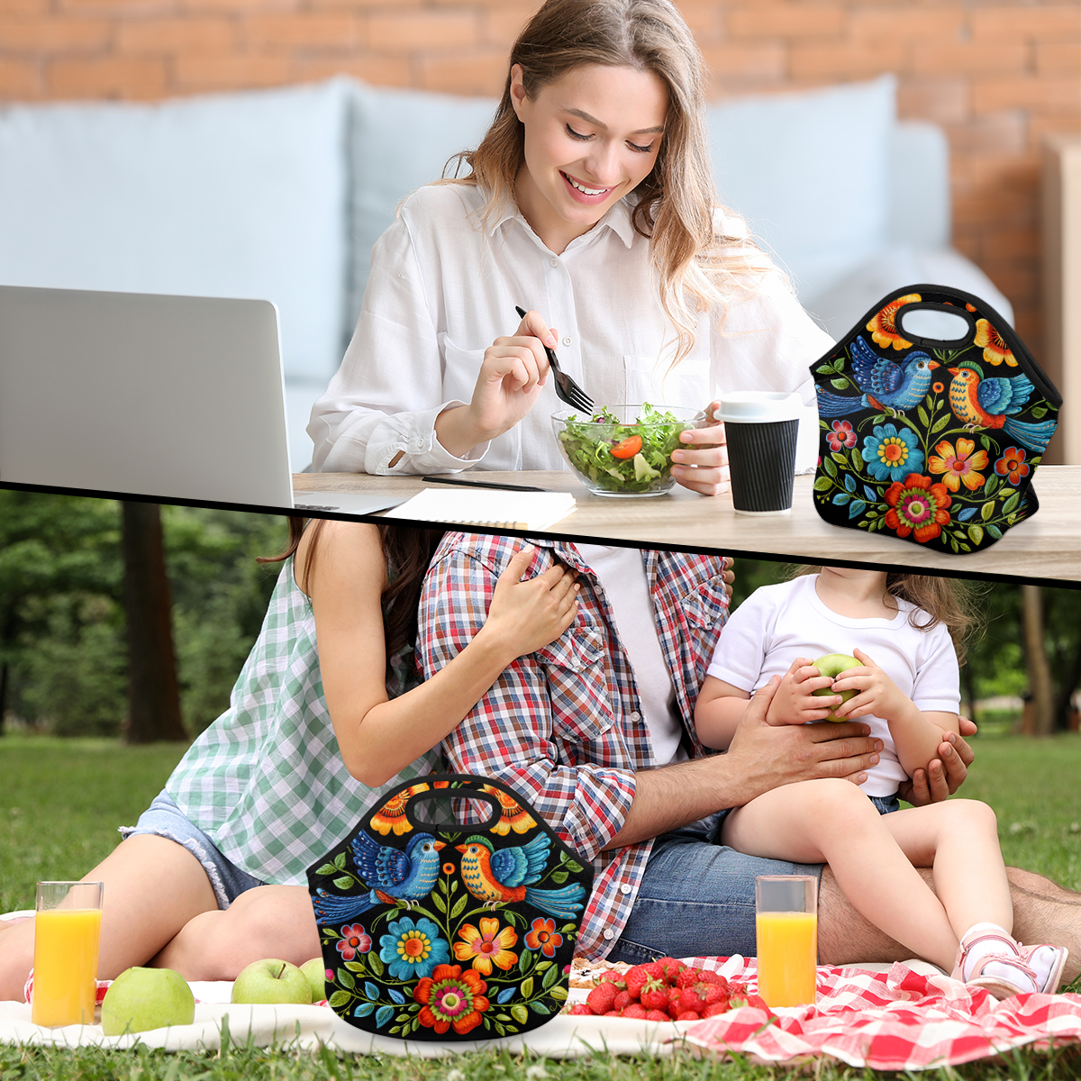 Herdesigns Floral Bird Neoprene Lunch Bag, Vintage Boho Floral Insulated Lunch Box for Women Men Washable Lunch Tote Soft Lunch Container With Zipper for Work Picnic Travel