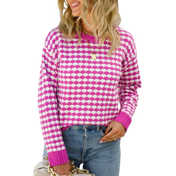 VISgogo suéter femenino, cuello redondo de color en contraste, manga larga, prendas de punto de retazos, traje de otoño, S/M/L/XL VISgogo moda