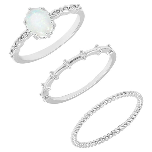 Women's Believe in Brilliance Fine Silver Plate Opal Ring with AAA CZ Stones in Size 9.