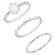 Fine Silver Plate Stackable Ring Set with Cubic Zirconia Stones and Oval Opal Stone in Size 9.
