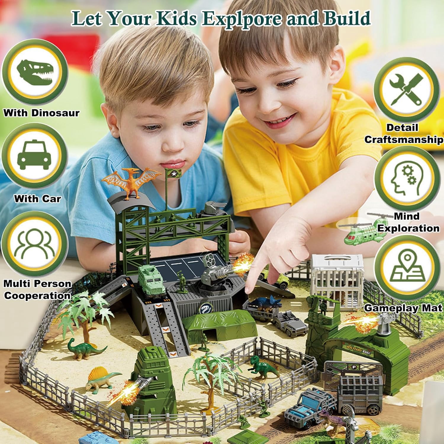 STEM Military Dinosaur Battle Playset - 56 Piece Army Toy Set with Soldiers, Helicopter, Je-ep, Trucks, Cannon, Tents & Battle Mat - Educational Combat Toys for Boys Ages 3-12