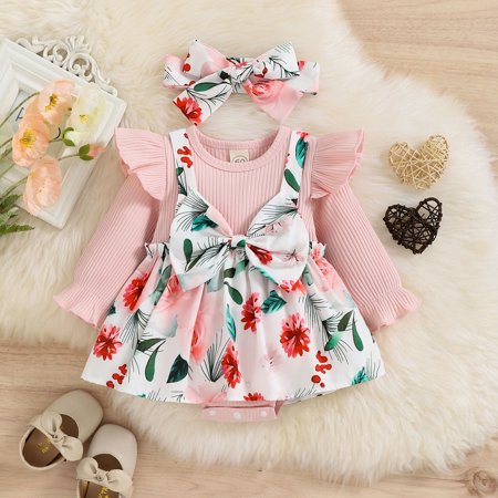 

NIUREDLTD Girls Ruffles Long Sleeve Floral Prints Bowknot Romper Bodysuits Headbands Set
