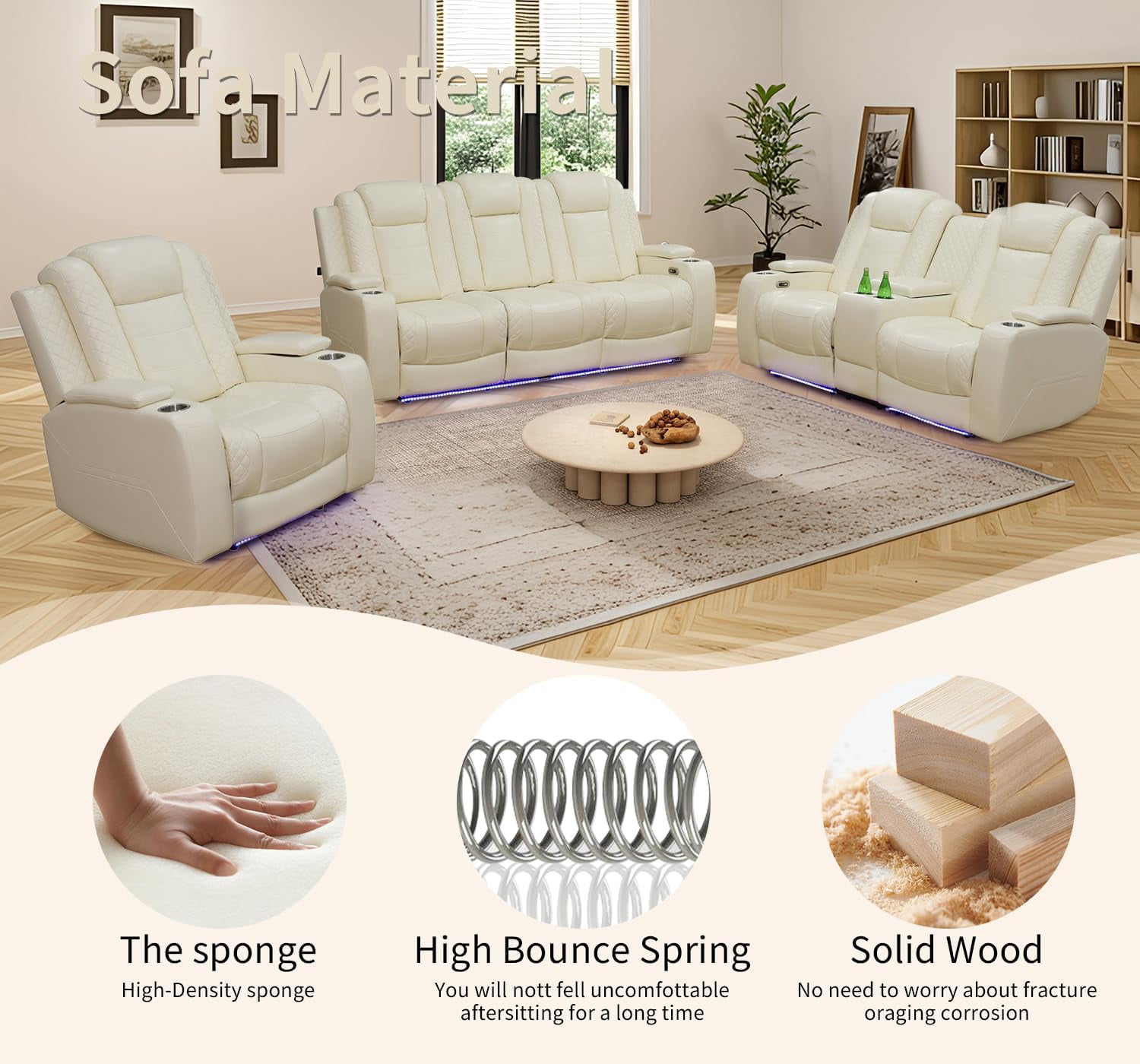 Gewnee 3-Seat Power Adjustable Sofa with 1 Recliner, Console, Cup Holders & LED Lights, Air Leather, Adjustable Recline, for Living Room,Beige
