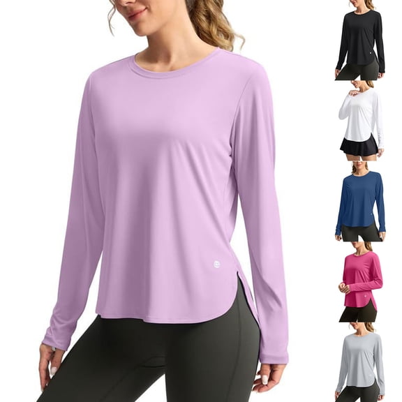 RongHuan Women's Sun Shirts UPF 50 Long Sleeve Shirt Lightweight Workout Hiking Tops Crew Neck Solid Color T-Shirt