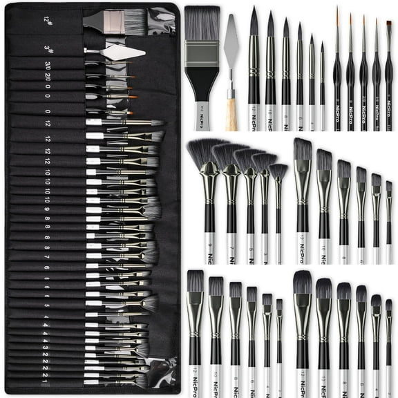 Nicpro 36pcs Paint Brush Set, Professional Paintbrushes with Palette Knife and Cloth Roll, Suitable for Artists and Beginners for Acrylic Painting, Oil, Watercolor, Gouache