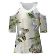 thumbnail image 3 of Camiseta de manga corta con hombros descubiertos y cuello en V con estampado de mariposa informal para mujer a la moda Fridja  hjk5124, 3 of 5