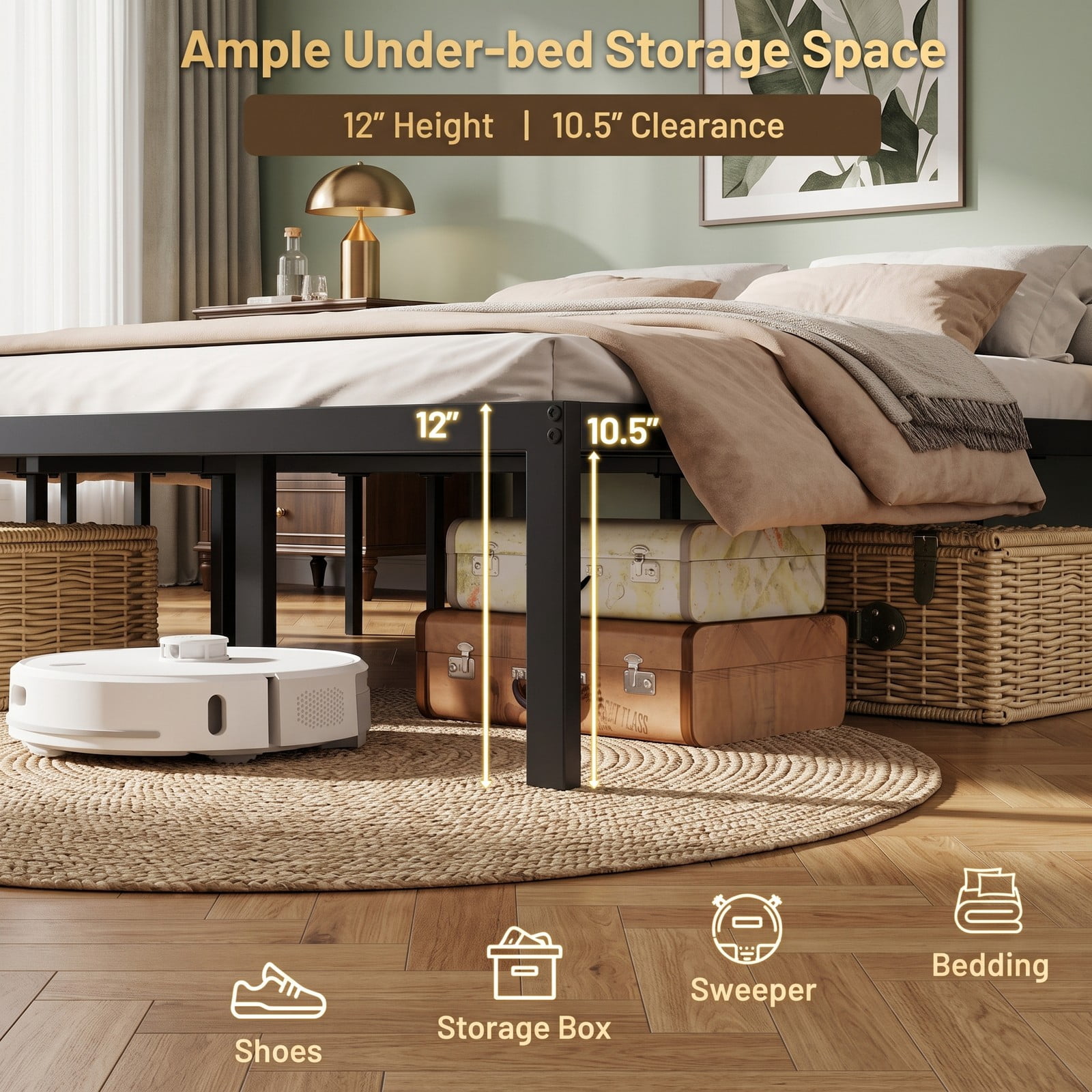 Furnibear Queen Metal Bed Frame Platform Bed with Heavy Duty Steel Slats and Reinforced Center Legs for Guest Room, Black