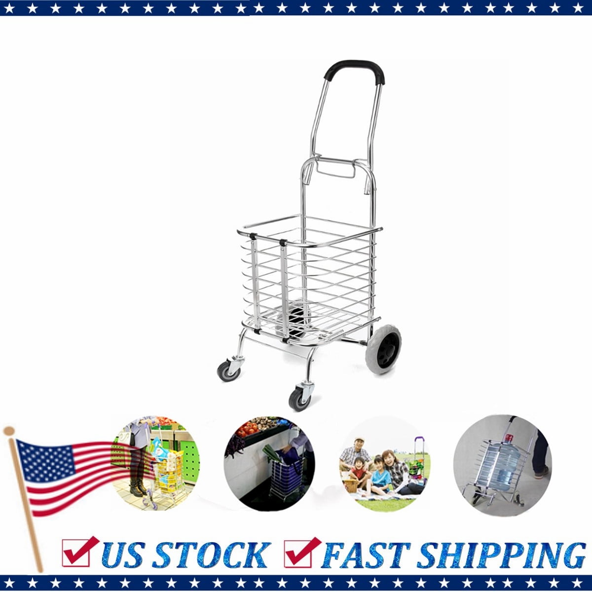 Folding Shopping Cart Large Size Basket W/ Wheels For Laundry Grocery Travel US