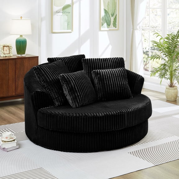 NkurdSu 61" Oversized Boneless Round Chair, Indoor Deep Seat Cloud Chaise Lounge with 5 Pillows, No Assembly Accent Barrel Chair for Living Room, Bedroom, Black Corduroy