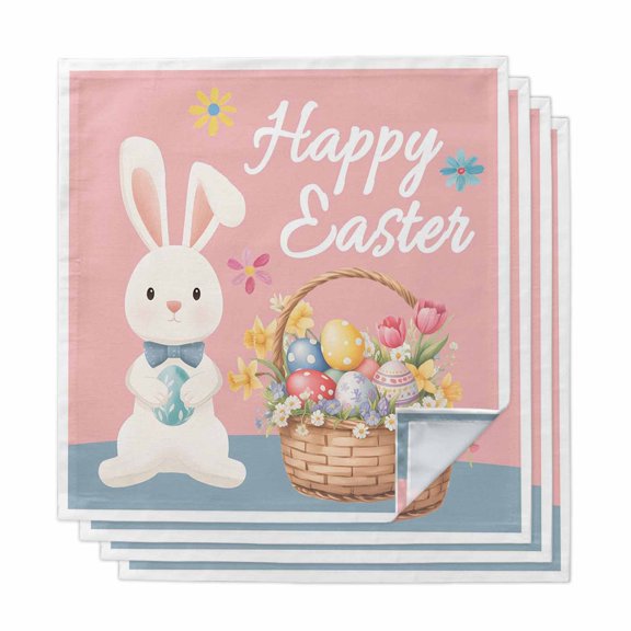 Happy Easter Cloth Napkins, Cute Bunny Colorful Eggs Spring Flowers Pink Blue Washable and Reusable Dinner Napkins Set of 4, Table Napkin for Kitchen Party Birthday Wedding Hotel Housewarming 20"x20"