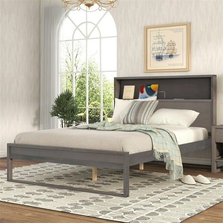 Full Size Bed Frame with Storage Headboard  Sockets and USB Ports  Wooden Platform Bed Frame with Slat Support  No Box Spring Needed  Easy Assembly  83.1 L×56.4 W×45 H  Antique Gray