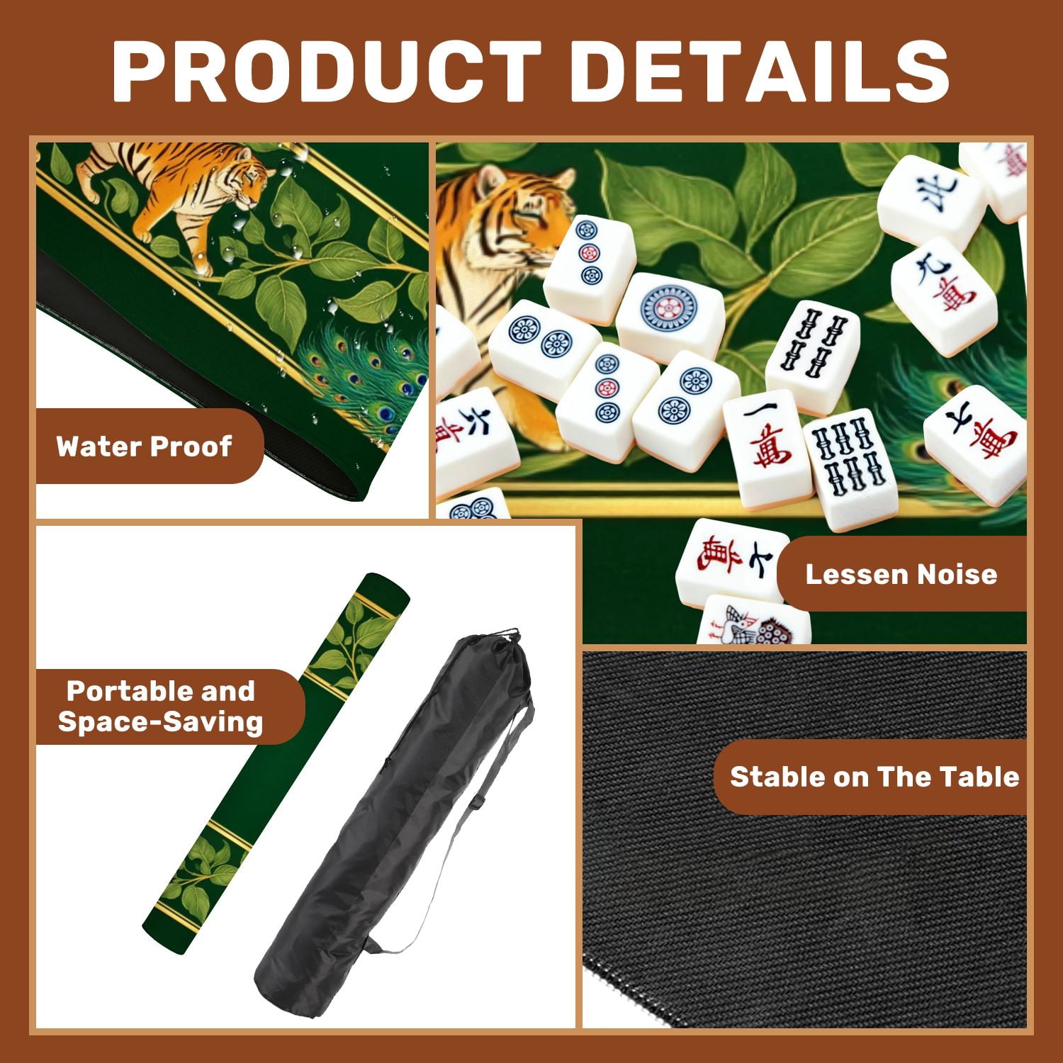 Mahjong Mat 31.5" x 31.5" Golden Dragon Tigers Peacock Floral Frame Non-Slip Noise Reduction American Mahjong Tiles Table Cover for Dominoes Poker Card Board Games Gift