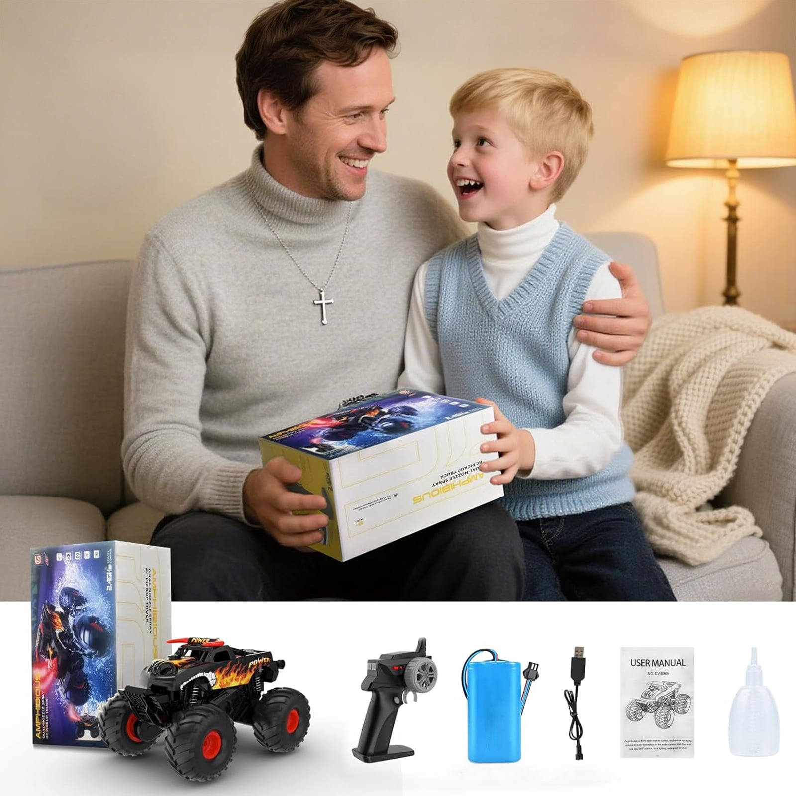 VKFVKF 1:16 Waterproof Remote Control Monster Truck - 4WD Amphibious All Terrain RC Car, Off-Road Toy Truck with Rechargeable Battery, Gift for Kids