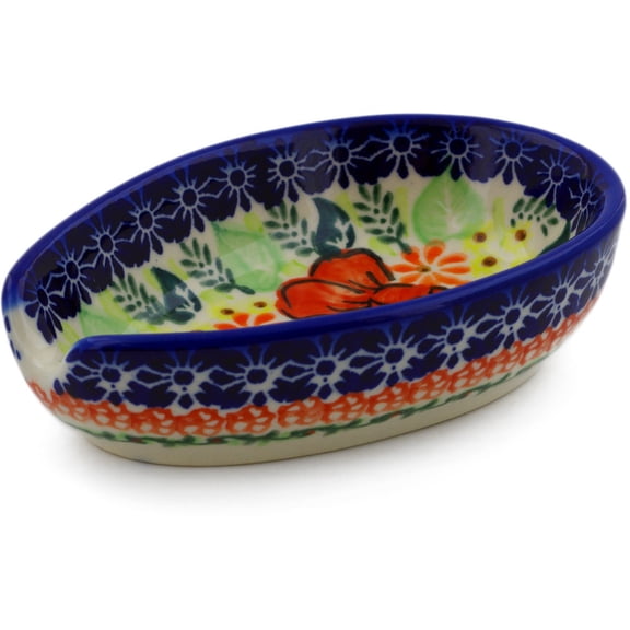 Polish Pottery 5-inch Spoon Rest (Bold Poppies Theme) Signature UNIKAT Hand Painted in Boleslawiec, Poland   Certificate of Authenticity
