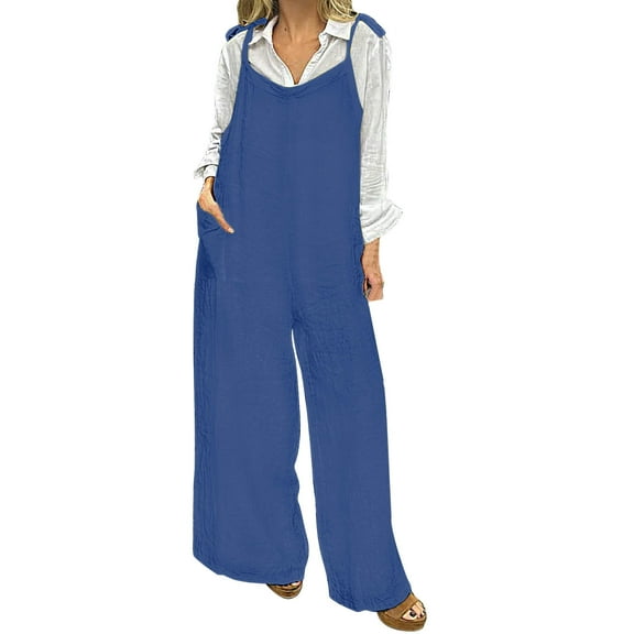 Lenpel Women's Cotton Linen Jumpsuits Spaghetti Strap Sleeveless Tie Shoulder Wide Leg Rompers Baggy Casual Overalls with Pockets(Blue,Medium)