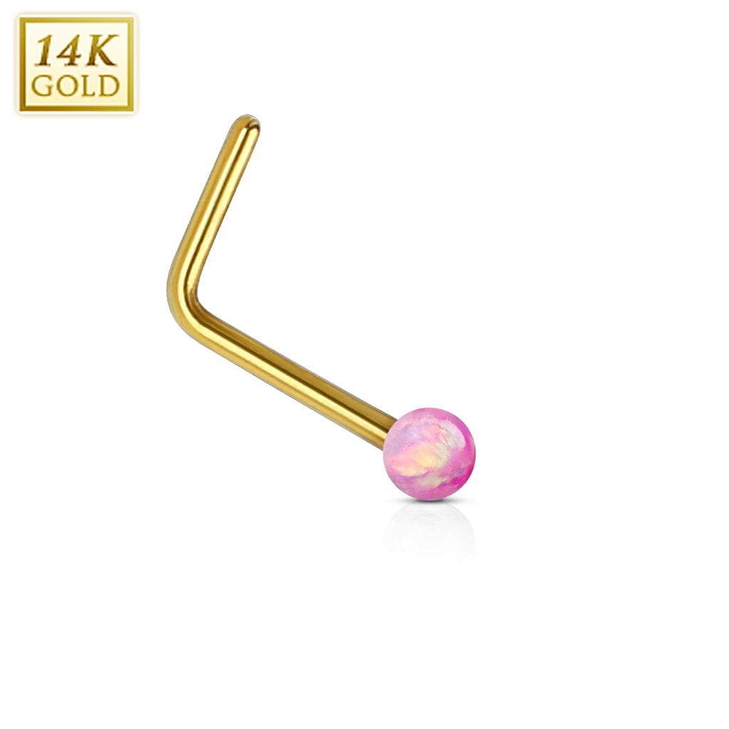 Nose Ring 20g 14Kt. Gold L Bend Nose Stud Ring with 2mm Opal Ball