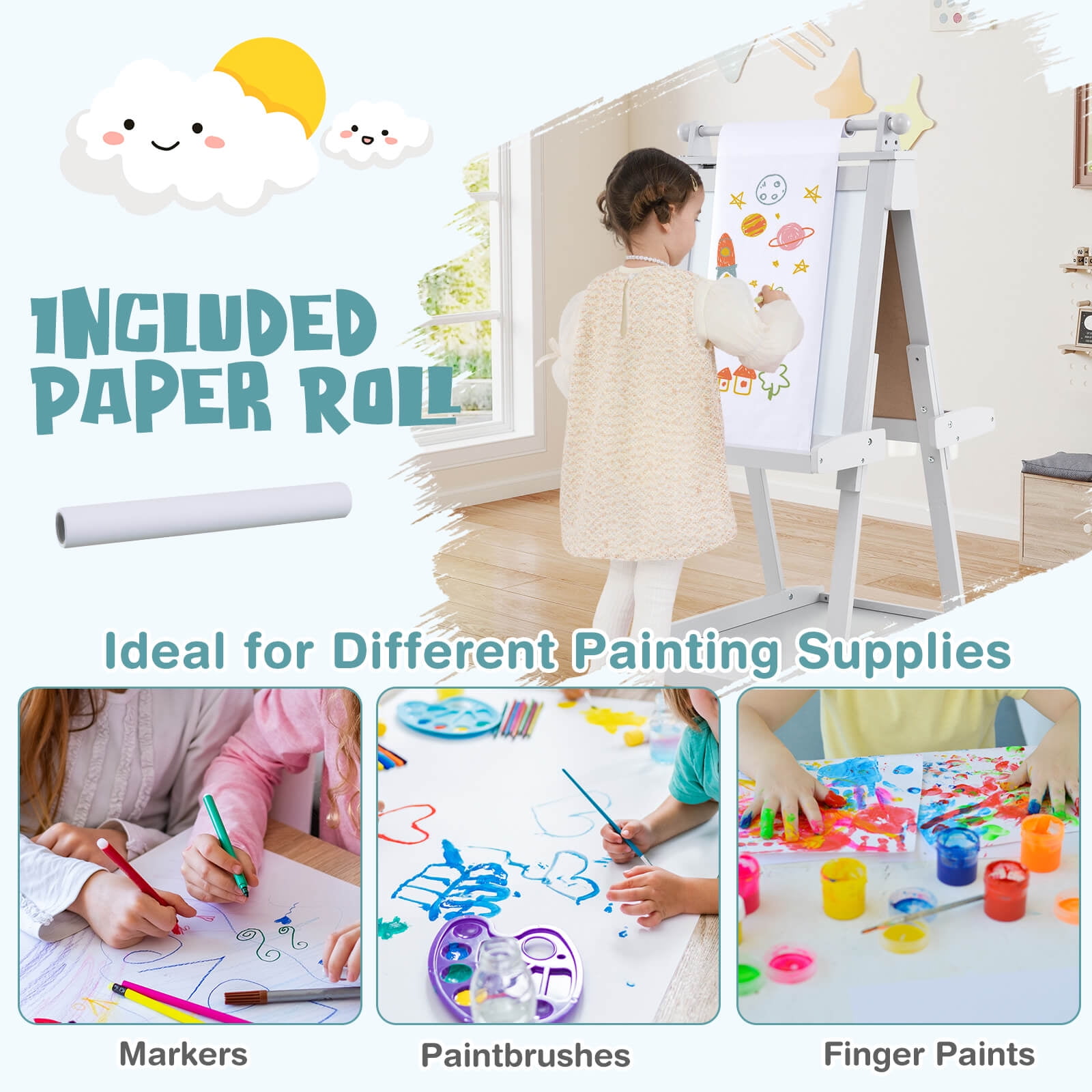 Costway Foldable Easel for Kids 3-in-1 Double-sided Art Easel with Chalkboard Green