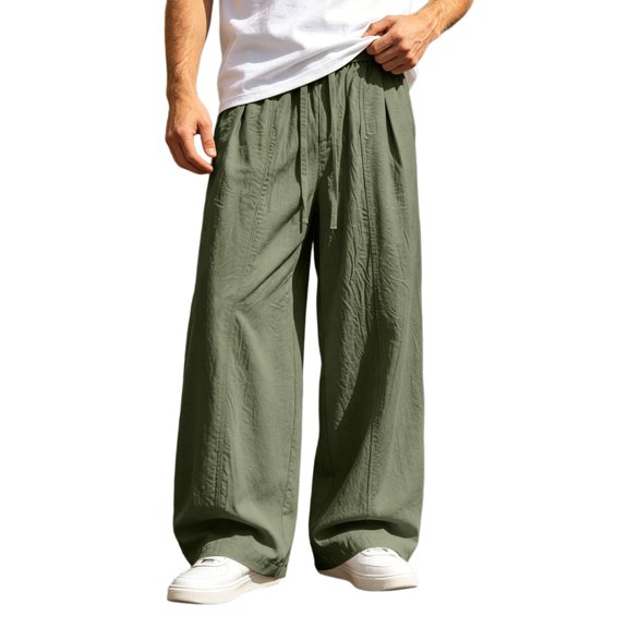 CONZONE Mens Baggy Cotton Linen Pants Wide Leg Pants for Men Trendy Elastic Waist Drawstring Solid Soft Casual Joggers Pant With Pockets