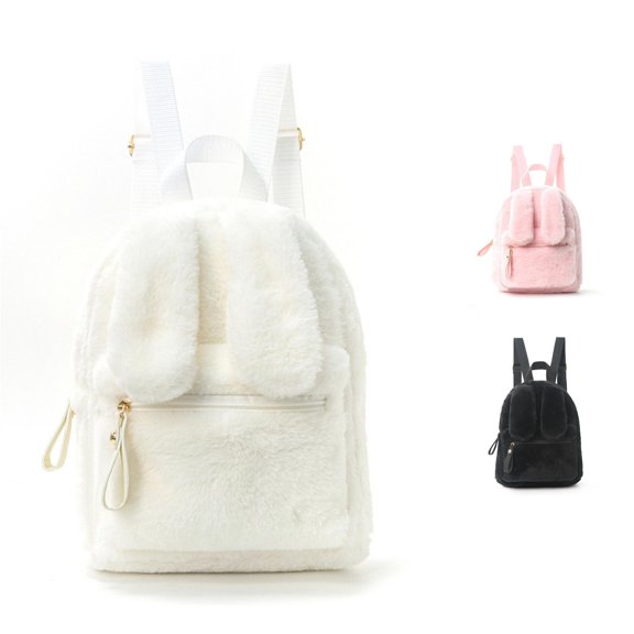 CUZIBR Soft Fuzzy Bunny Ear Toddler Backpack Plush Mini Rucksack With Adjustable Shoulder Straps Front Zipper Pocket Cute Small Book Bag For Little Girls