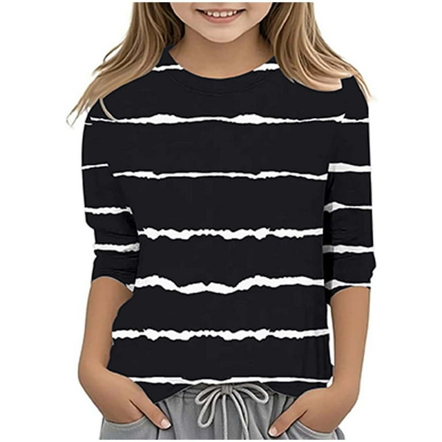 Splozh Longues Blouse à Manches pour Fille, T-Shirt Décontracté à Col Rond à Manches Trois Quarts, Haut Basique Régulier à Manches 3/4, Noir, 12-13 Ans