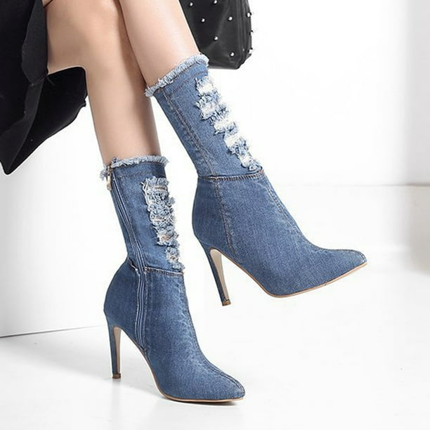 Botas de tacón alto con cremallera lateral de mezclilla elástica desgastada sexy de color sólido para mujer Wmkox8yii hfjk1824