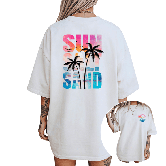 Women's "Sun Salt Sand" Palm Tree Beach Graphic T Shirt Tropical Summer Vacation Print Casual Short Sleeve Round Neck Top White S-5XL