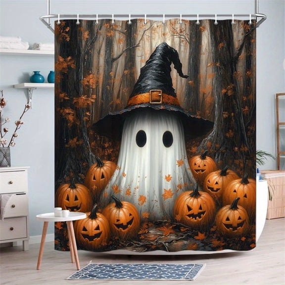 Forest Halloween Ghost Witch Hat Jack O Lantern Pumpkin Maple Tree Print Shower Curtain With Hooks Rustic Autumn Bathroom Decor