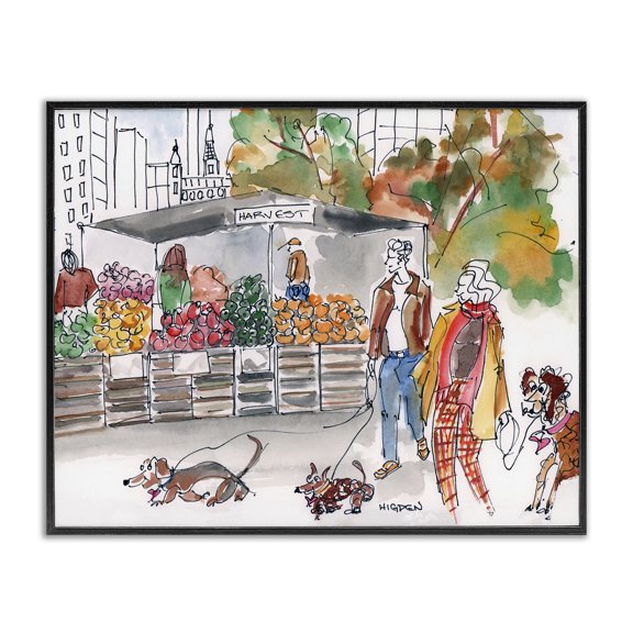 Stupell Industries Modern Farmers Market City Dog Walkers Black Framed Giclee Art, 14 x 11, by Mark Higden