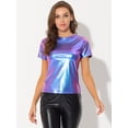 thumbnail image 3 of INSPIRE CHIC Women's Party Metallic Textured Short Sleeve Shiny Multicolor Top Small Blue Purple, 3 of 5