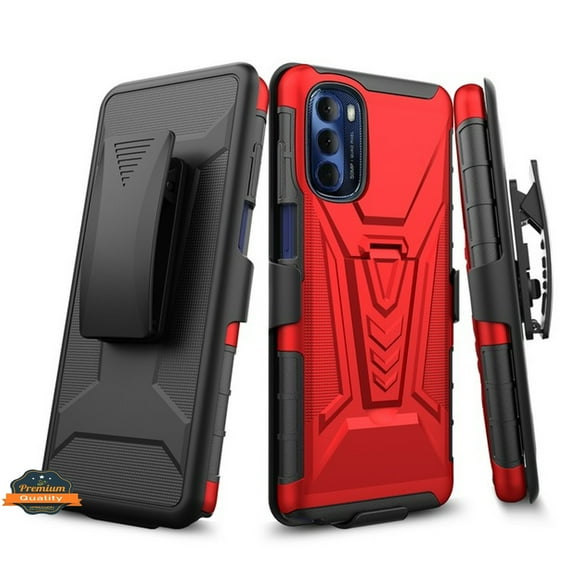 For Motorola Moto G Stylus 5G 2022 Hybrid Armor Kickstand with Swivel Belt Clip Holster Heavy Duty 3in1 Shockproof Rugged Phone Case Cover by Xpression - Red