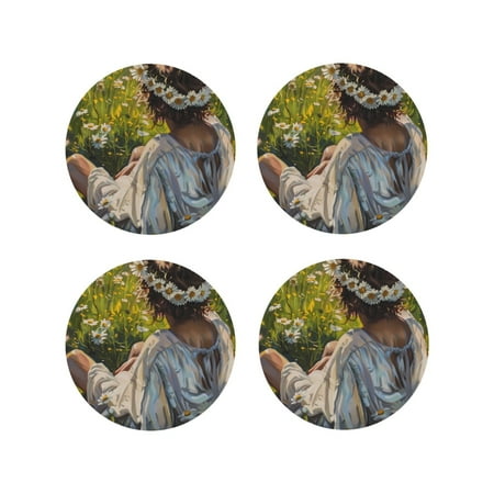 

Honeii Girl In Field Of Daisies Print Leather Coaster Set of 4 Ideal for Safeguarding Your Furniture from Drinks Spills and Effortless Cleanup-Round Shape