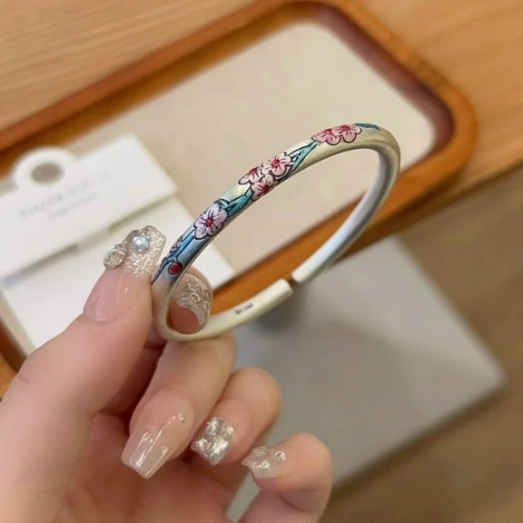 Enamel Plum Blossom Silver Tone Bangle Vintage Chinese Style Bracelet for Women Traditional Floral Jewelry Fashion