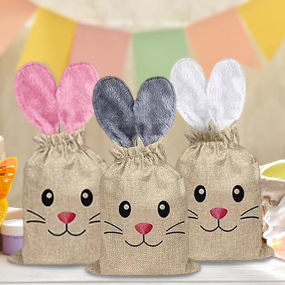 Easter Bunny Burlap Drawstring Bag, Cute Plush Ear Gift Bag for Parties and Egg Hunts, Durable Gunny Sack for Candy and Small Gift Storage, Festive Easter Bag that Adds Rustic Charm, 10*8in, Pink