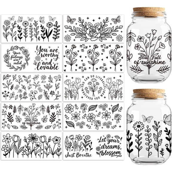UCEI Floral Vinyl Decal Stickers 10 Sheets Waterproof Transfer Decals for Glass Cups Mugs Jars DIY Craft
