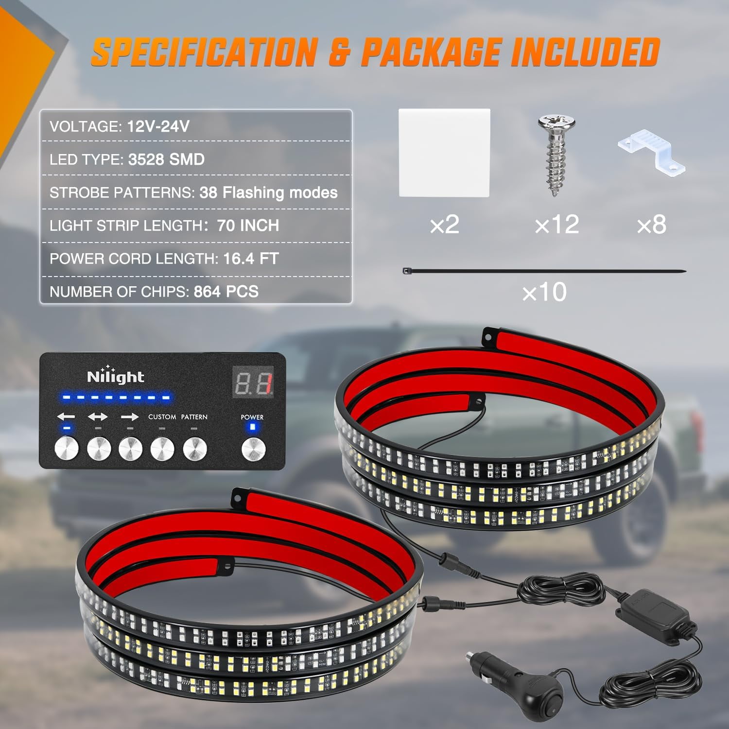 Nilight 2PCS 70 Inch LED Running Board Lights with Control Panel, Red White Flexible Side Lighting for Work Trucks