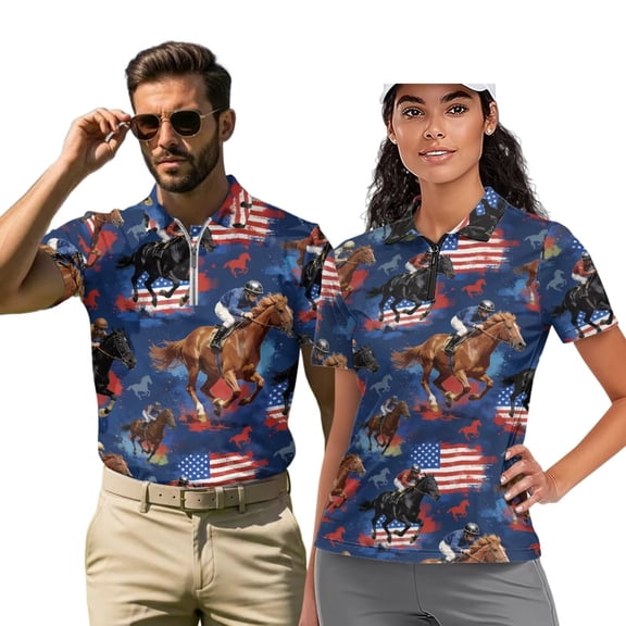 Uorisanigo Horse Racing Couples' Outfits Men and Women Golf Shirts Short Sleeve Sports Tennis Quick-Dry Athletic Casual Stylish Collared Tops 1/4 Zip Up Summer Workout Tops