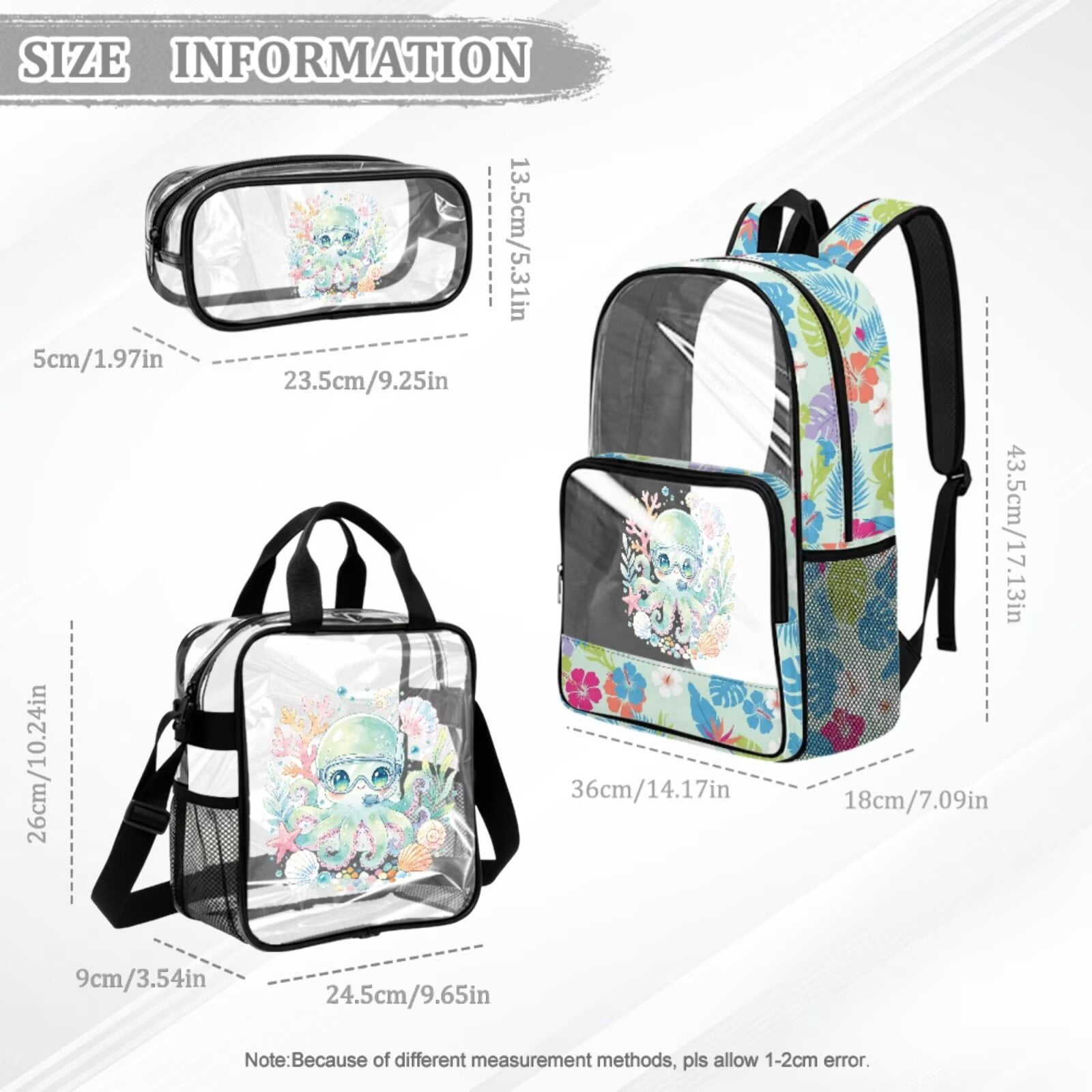 Xixirimido Cartoon Octopus Tropical Floral Print Clear Backpack for Boys Girls, Kids Backpack Set with Lunch Box Pencil Bag PVC See Through Transparent Bookbag for School Stadium