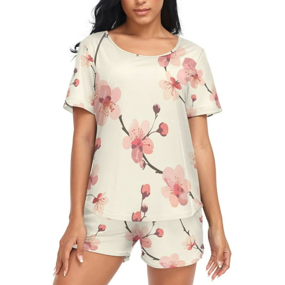 joogoo Women's Pajama Set Cherry Flower Branch Short Sleepwear Loungewear with Pockets M
