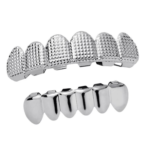 Parrilla para dientes superiores e inferiores, 6 dientes con barras moldeadoras (2 colores a elegir) Plata