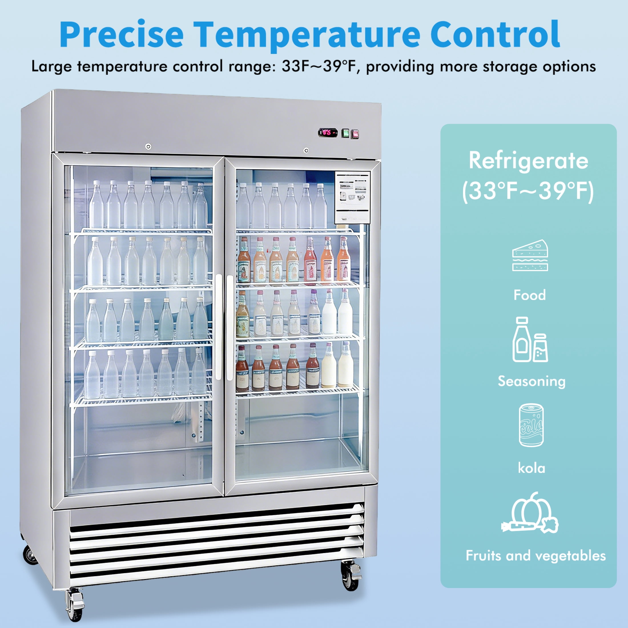 CTOSPOATO 54"W Commercial Refrigerator 2 Glass Door Stainless Steel Interior and Exterior Construction,42.2 Cu.ft.for Restaurant,Bar,Shop