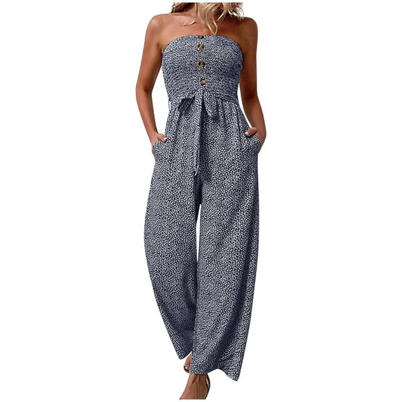 Women's Summer Jumpsuits Strapless Floral Print Button High Waisted Wide Leg Pants One Piece Romper with Pockets