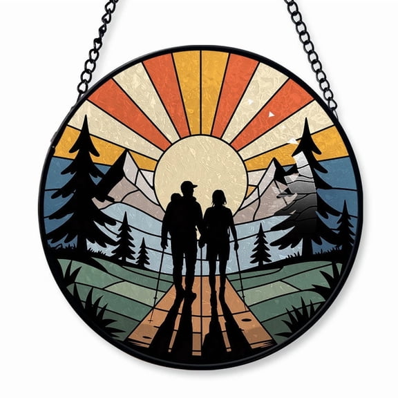 A Couple Hiker Silhouette Stained Glass Suncatcher Window Hanging – Customizable Window Hanging for Loved Ones, Family or Friends, Christmas 2025 Holiday Tree Decoration