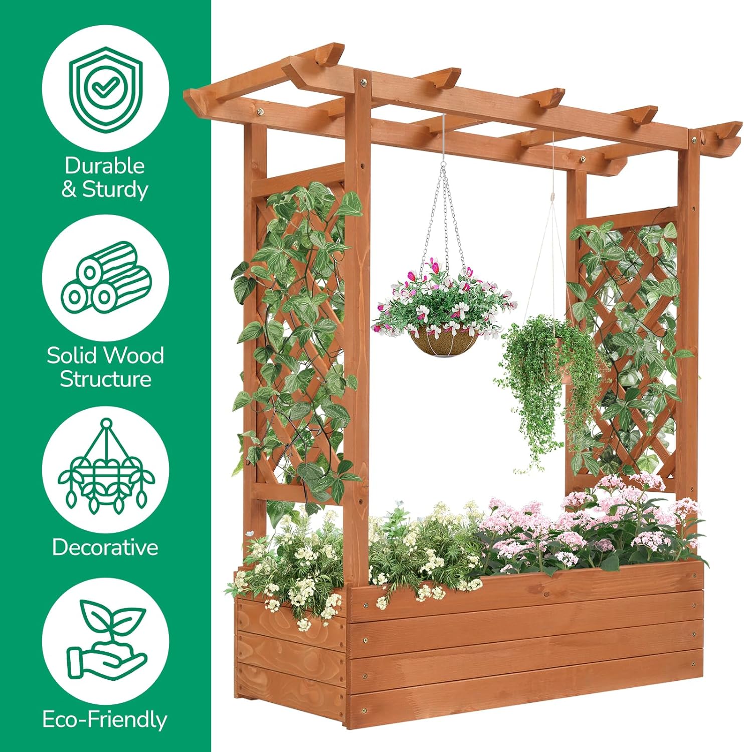 HJTER Raised Garden Bed with Trellis, Wood Planter Box with Hanging Roof, Side Trellis and Drainage Holes, Above Ground Elevated Garden Bed for Outdoor Climbing Plants Vines Vegetables (Teak Color)