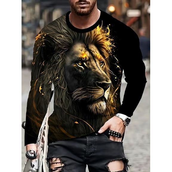 Men's Lion 3D Printed Long Sleeve T-Shirt - Casual and Comfortable, Crew Neck, Stretch Fabric, Machine Washable
