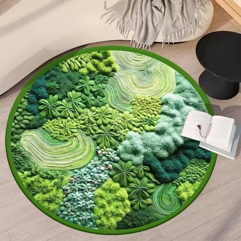 Pompotops Round Area Rug 31.5 Inches Green Moss Carpet, Imitation