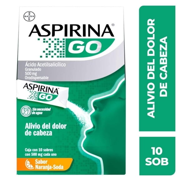 Aspirina Acido Acetilsalicílico 500 mg sabor naranja soda 10 sobres 500 mg c/u